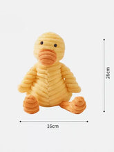 Weiches gelbes Corduroy-Enten-Kuscheltier mit orangefarbenem Schnabel und Füßen