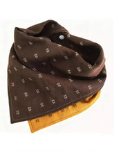 Soft pet scarf: brown linen bandana with white hashtag and mustard lining