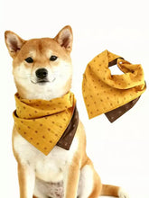 Shiba Inu in mustard-yellow soft pet scarf with brown geometric pattern