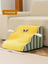Yellow banana-shaped soft pet stairs with green white striped sides eyes arms