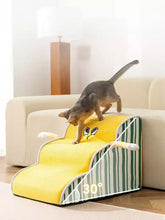 Yellow green striped soft pet stairs with cartoon cat face design