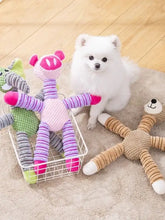 Plush animal pink purple pig dog toy with striped textured limbs