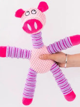 Pink and purple plush animal pig toy with striped textured limbs