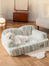 Cozy plush pet bed with soft mint gray striped fuzzy fabric