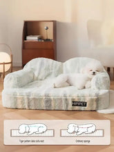 Soft plush pet bed with light gray and white striped sofa design