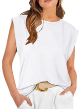 White solid color round neck tank with sleeveless relaxed fit and soft flowing fabric for casual wear