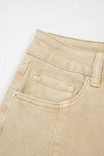 Beige solid color seamed center wide leg cropped denim jeans with silver rivets and classic five-pocket design