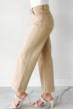 Beige solid color seamed center wide leg cropped jeans in corduroy with high rise and rolled cuffs design