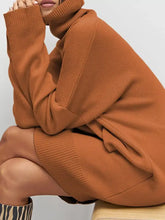 Cozy rust-colored turtleneck drop shoulder loose sweater dress, ribbed texture