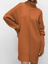 Cozy rust-orange turtleneck drop shoulder loose sweater dress