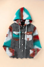 Southwestern Aztec denim jacket with hood, sherpa lining, long sleeve length, teal-brown patchwork