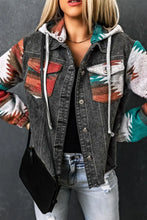 Southwestern Aztec denim jacket with hood, sherpa lining, and long sleeve length