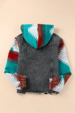 Southwestern Aztec denim jacket with hood, sherpa lining, long sleeve length, teal red triangle pattern