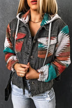 2023 Southwestern Aztec denim jacket with colorful tribal print, sherpa lining, and long sleeve length