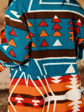 Southwestern collared neck long sleeve jacket with vibrant geometric patterns