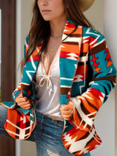 Vibrant Southwestern collared neck long sleeve jacket with geometric patterns