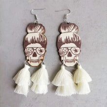 Spider Grandma Tassel Dangle Earrings with Wooden Skulls