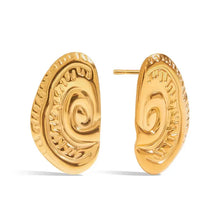 Spiral gold stud earrings in 18k gold-plated stainless steel with swirling texture