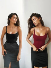 Black and burgundy square neck 2 piece cami set with spaghetti straps and matching high waisted skirts