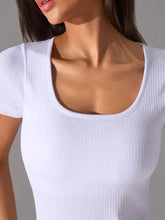 Square neck active T-shirt with detachable chest pads, white ribbed short sleeve top