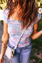 Light blue and pink square neck cap sleeve ruched floral mesh top with floral print design