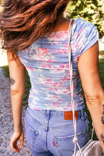 Light blue square neck cap sleeve ruched floral mesh top with pink and white rose pattern for casual wear