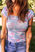 Square neck cap sleeve ruched floral mesh top in light blue with pink roses and subtle white accents