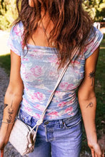 Light blue and pink square neck cap sleeve ruched floral mesh top with short sleeves for casual wear