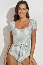 Square Neck Gingham Floral One Piece Swimsuit Sleeveless Swimwear Gray