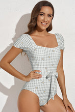 Square Neck Gingham Floral One Piece Swimsuit Sleeveless Swimwear