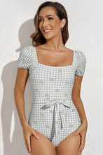 Square Neck Gingham Floral One Piece Swimsuit Sleeveless Swimwear