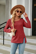Square Neck Long Sleeve Slit T-Shirt Deep Red Woman T Shirts
