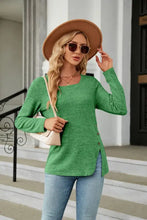Square Neck Long Sleeve Slit T-Shirt Green Woman T Shirts