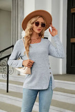 Square Neck Long Sleeve Slit T-Shirt Light Blue Woman T Shirts