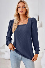 Navy blue square neck puff sleeve long-sleeve T-shirt