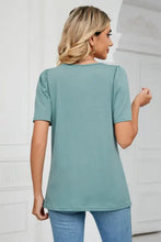 Square neck puff sleeve t-shirt in blue-green with shoulder pleats