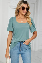 Teal women’s square neck short sleeve tee with puff sleeves