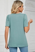 Square neck short sleeve sage green top with ruched shoulders