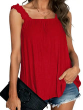 Red square neck tank top with ruffled shoulder straps and relaxed flowing fabric for a stylish look