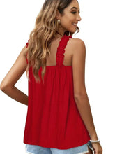 Red square neck tank top with ruched halter straps and a relaxed fit for casual wear
