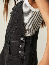 Square neck wide strap denim overalls in black with side button closure