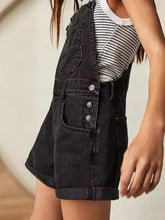 Square neck wide strap denim overalls in black with cuffed hem