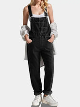 Square neck wide strap denim overalls in black for women