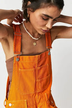 Square neck wide strap denim overalls in orange with front bib pocket