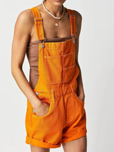 Square neck wide strap denim overalls in orange with brown tank top