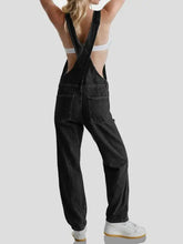 Women’s square neck wide strap denim overalls in black relaxed fit