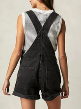 Square neck wide strap denim overalls in black with striped top