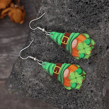 St. Patricks Day wooden alloy dangle earrings with gnome and shamrock design