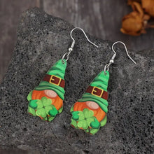 St. Patricks Day wooden alloy dangle earrings with gnome and shamrock design
