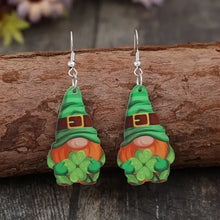 St. Patricks Day wooden alloy dangle earrings with gnome and shamrock design